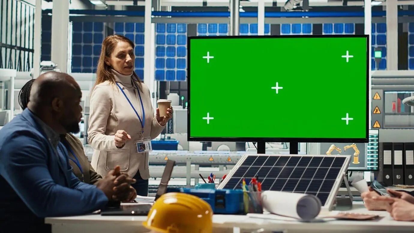 Researchers at a photovoltaic plant holding a meeting and looking at a chroma key monitor.